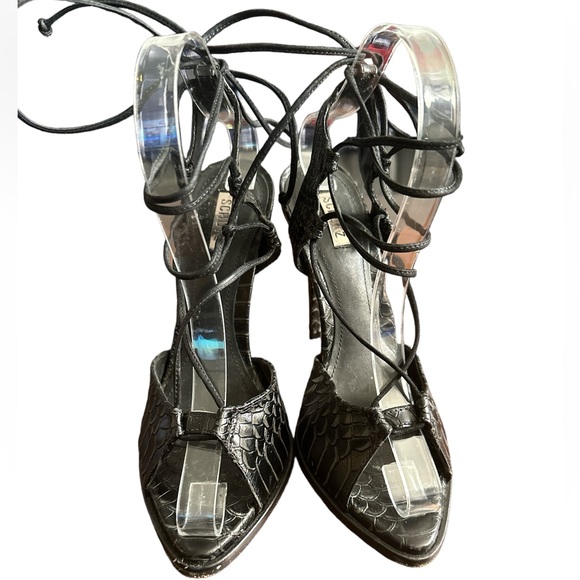 SCHUTZ Black Snakeskin Leather Tie-Up Heels - Picture 4 of 11